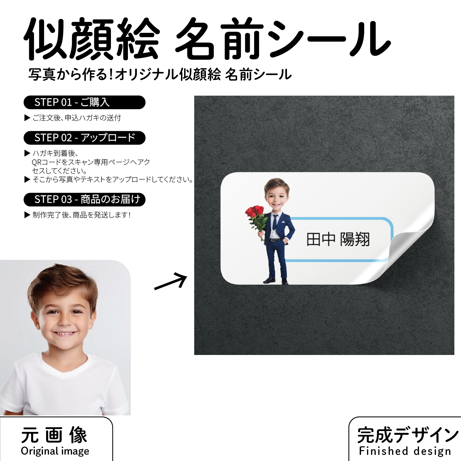 2D似顔絵 お名前シール 男の子用 入園準備 入学グッズ A4サイズ 55枚セット 防水 耐水 レンジ対応 アイロン不要 キャラクター 子供 名前入り シール